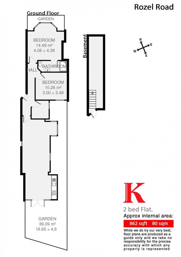 Floor Plan Image for 2 Bedroom Flat to Rent in Rozel Road, SW4