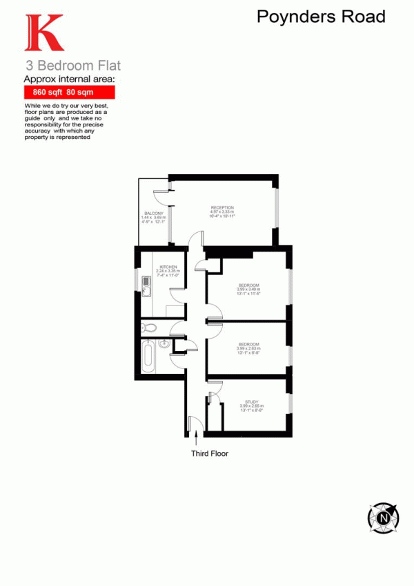 Floor Plan for 3 Bedroom Flat to Rent in Poynders Road, London, SW4, 8PU - £484  pw | £2097 pcm