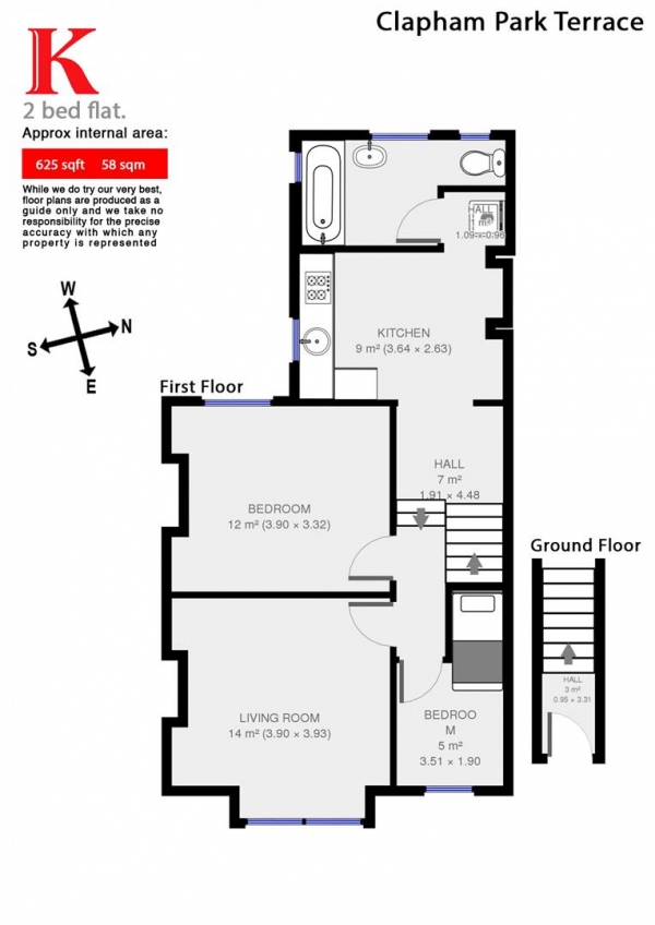 Floor Plan for 1 Bedroom Flat to Rent in Clapham Park Terrace, SW2, SW2, 5EA - £450  pw | £1950 pcm