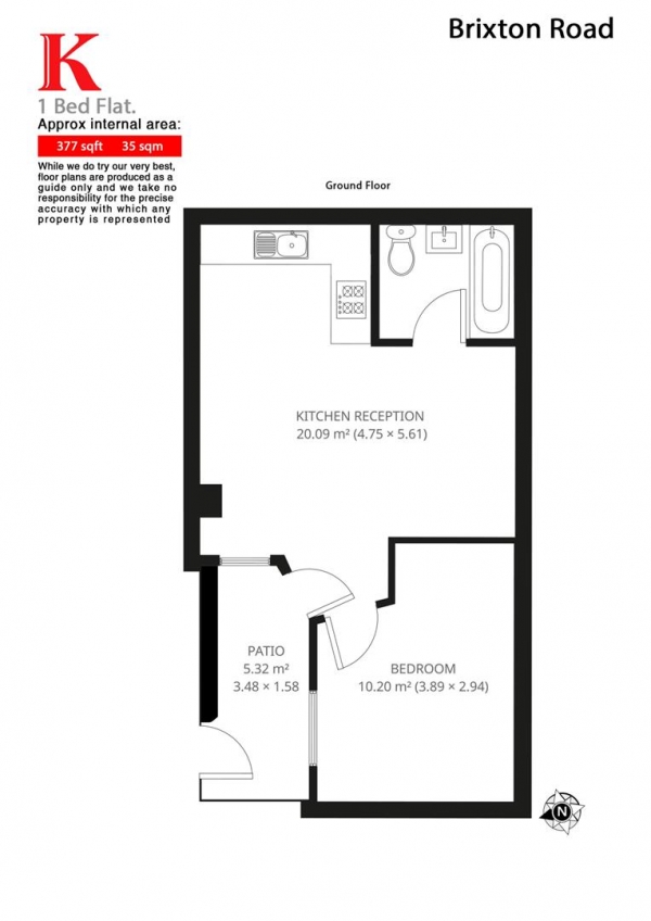 Floor Plan for 1 Bedroom Flat to Rent in Brixton Road, SW9, SW9, 6BS - £415  pw | £1798 pcm