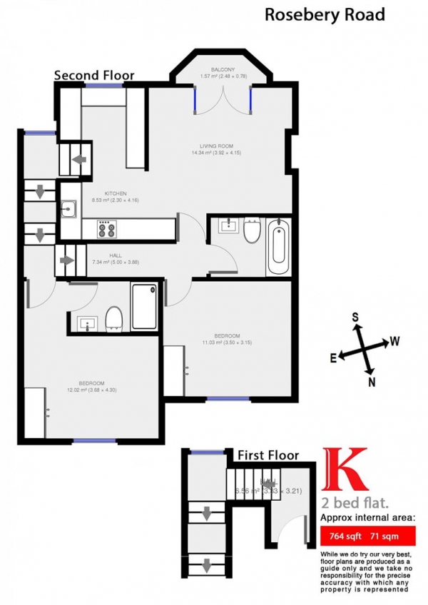 Floor Plan for 2 Bedroom Flat to Rent in Rosebery Rd, SW2, SW2, 4DQ - £550  pw | £2383 pcm