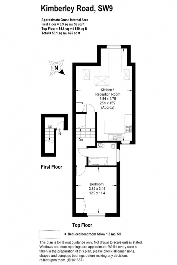 Floor Plan for 1 Bedroom Flat to Rent in Kimberley Road, SW9, SW9, 9DH - £392  pw | £1699 pcm