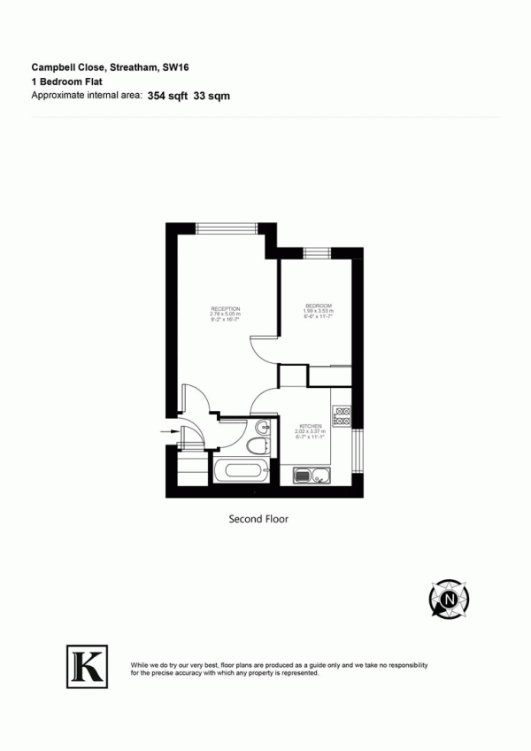 Floor Plan for 1 Bedroom Flat to Rent in Campbell Close, Streatham, London, SW16, 6NJ - £322  pw | £1395 pcm