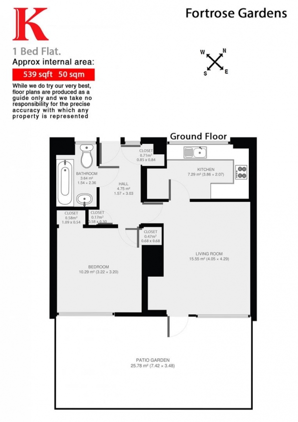 Floor Plan for 1 Bedroom Flat to Rent in Fortrose Gardens, SW2, SW2, 4HU - £304  pw | £1317 pcm