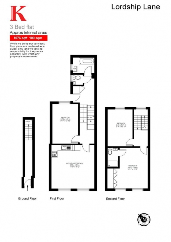 Floor Plan for 3 Bedroom Flat to Rent in Lordship Lane, London, SE22, 8JY - £554  pw | £2401 pcm