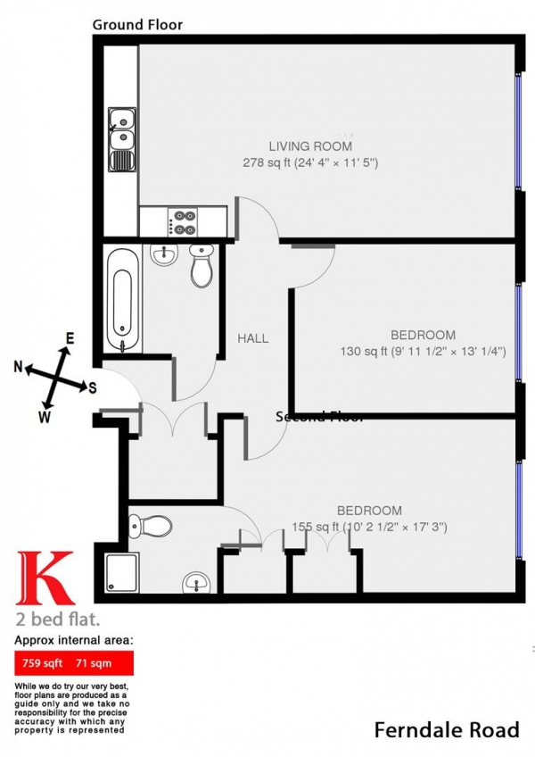 Floor Plan for 2 Bedroom Flat to Rent in Ferndale Road, SW9, SW9, 8AT - £473  pw | £2050 pcm