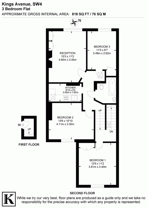 Floor Plan Image for 3 Bedroom Flat for Sale in Kings Avenue, SW4