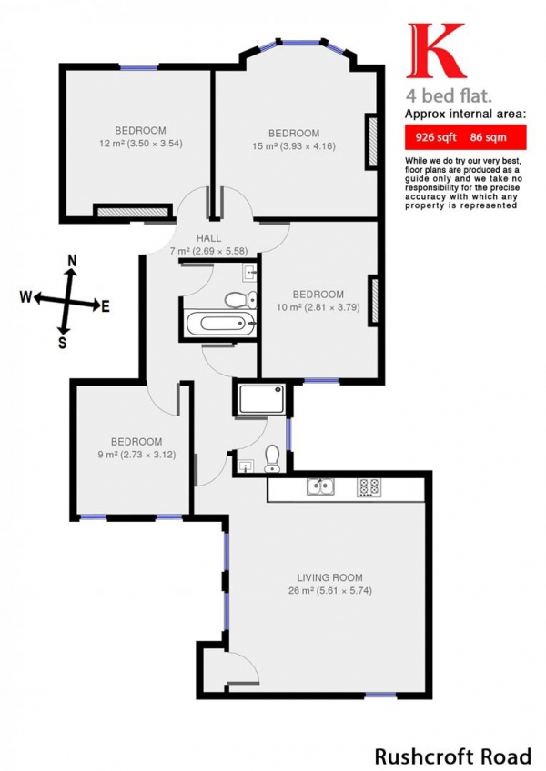 Floor Plan Image for 4 Bedroom Flat to Rent in Rushcroft Road, SW2