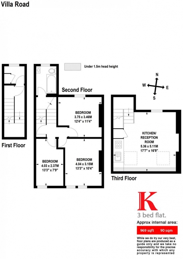 Floor Plan Image for 3 Bedroom Flat to Rent in Villa Road, SW9