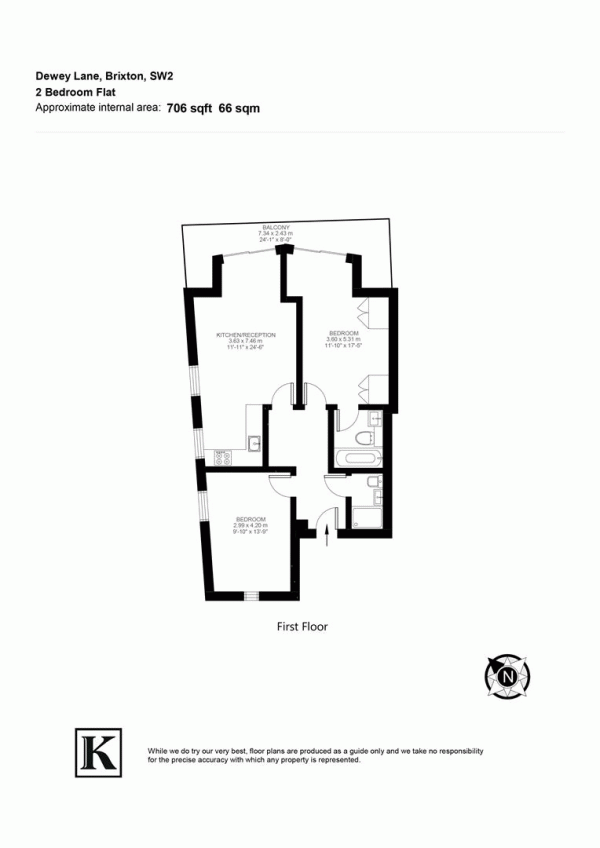Floor Plan for 2 Bedroom Flat for Sale in Dewey Lane, SW2, SW2, 2TS -  &pound450,000