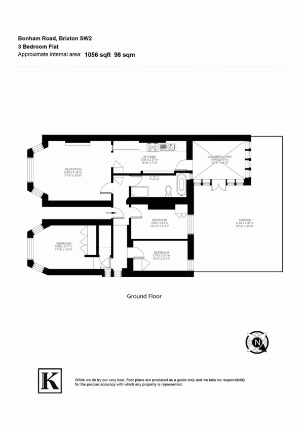 Floor Plan Image for 3 Bedroom Flat to Rent in Bonham Road, SW2