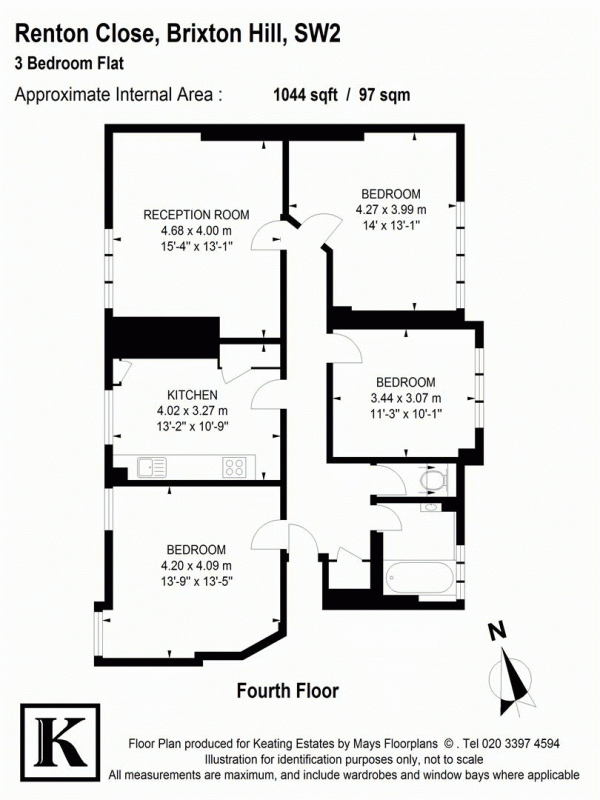 Floor Plan for 3 Bedroom Flat for Sale in Brixton Hill, SW2, SW2, 1EY -  &pound425,000
