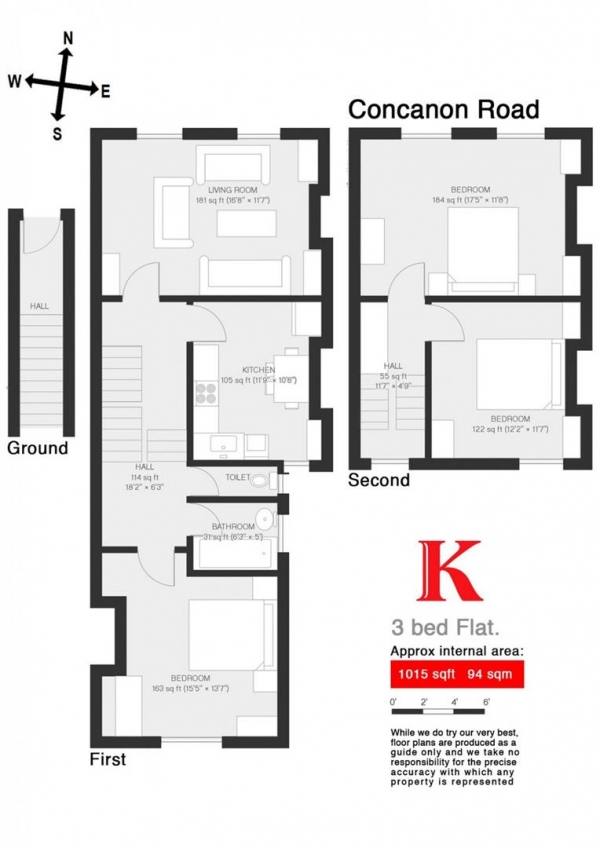 Floor Plan Image for 3 Bedroom Flat to Rent in Concanon Road, SW2