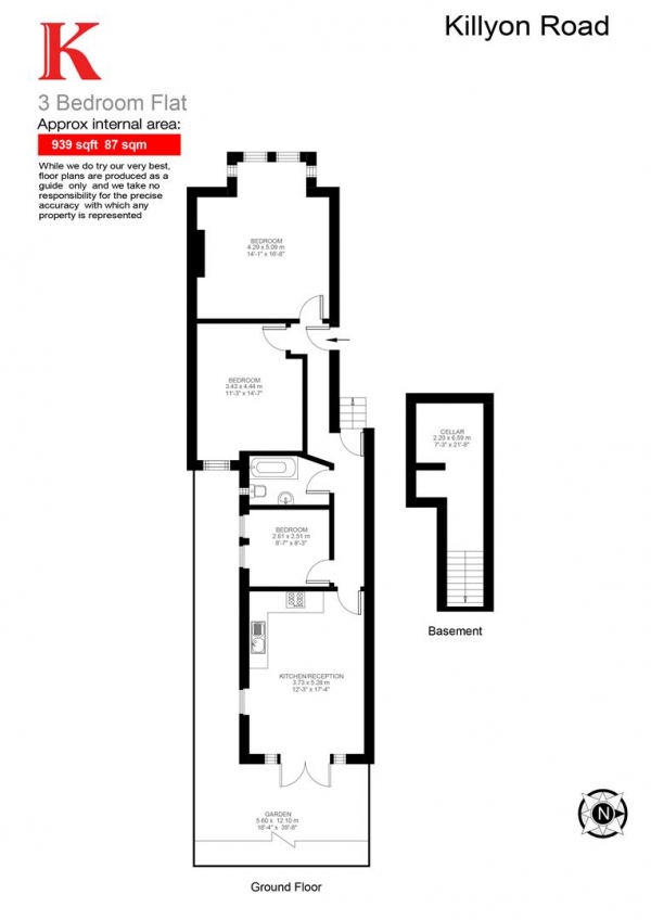 Floor Plan Image for 3 Bedroom Flat to Rent in Killyon Road, London