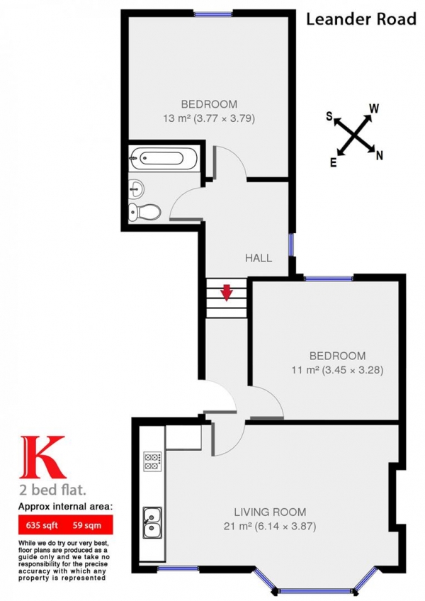 Floor Plan Image for 2 Bedroom Flat to Rent in Leander Road, SW2