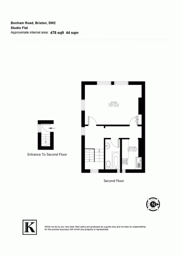 Floor Plan for Studio to Rent in Bonham Road, SW2, SW2, 5HF - £300  pw | £1300 pcm