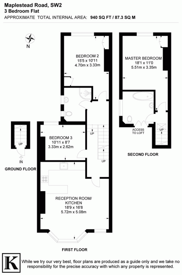 Floor Plan for 3 Bedroom Flat for Sale in Maplestead Road, SW2, SW2, 3LX -  &pound650,000