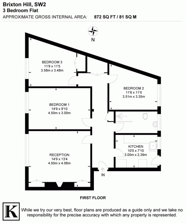 Floor Plan Image for 3 Bedroom Flat for Sale in Brixton Hill, SW2