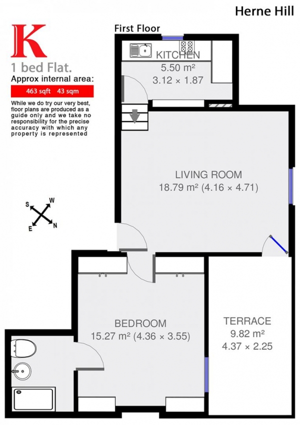 Floor Plan Image for 1 Bedroom Flat to Rent in Herne Hill, SE24