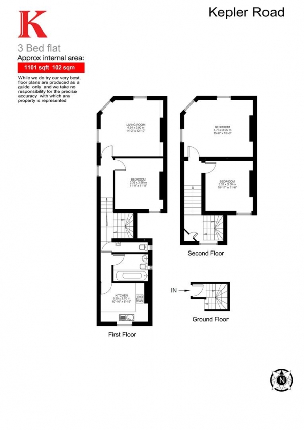 Floor Plan for 3 Bedroom Flat to Rent in Kepler Road, SW4, SW4, 7PQ - £693  pw | £3003 pcm