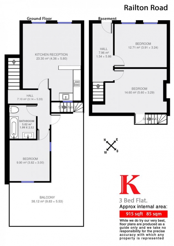 Floor Plan Image for 3 Bedroom Flat to Rent in Railton Road, SE24