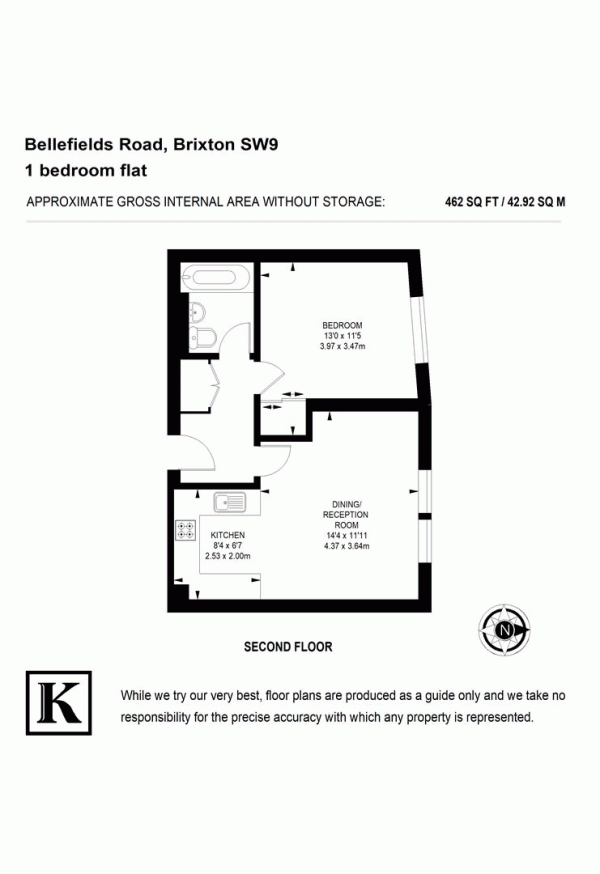 Floor Plan for 1 Bedroom Flat to Rent in Bellefields Road, Brixton, London, SW9, 9UH - £403  pw | £1746 pcm