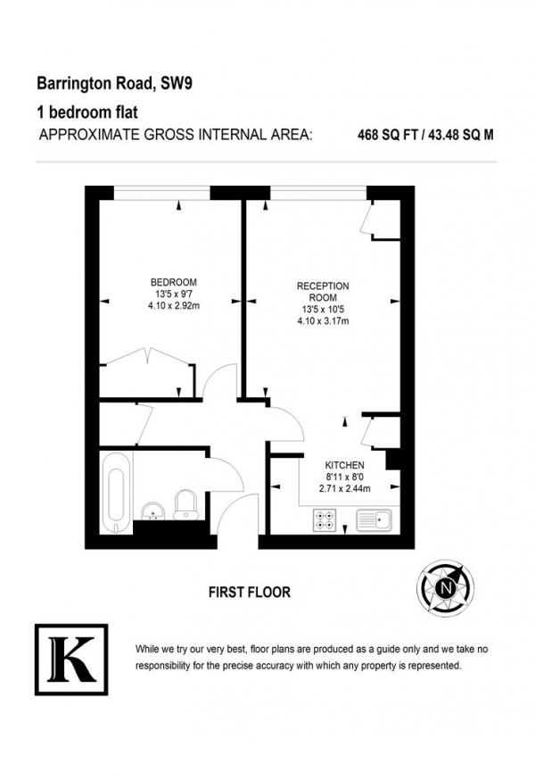 Floor Plan for 1 Bedroom Flat to Rent in Barrington Road, London, SW9, 7DL - £357  pw | £1547 pcm