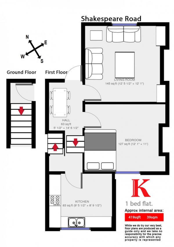 Floor Plan Image for 1 Bedroom Flat to Rent in Shakespeare Road, SE24