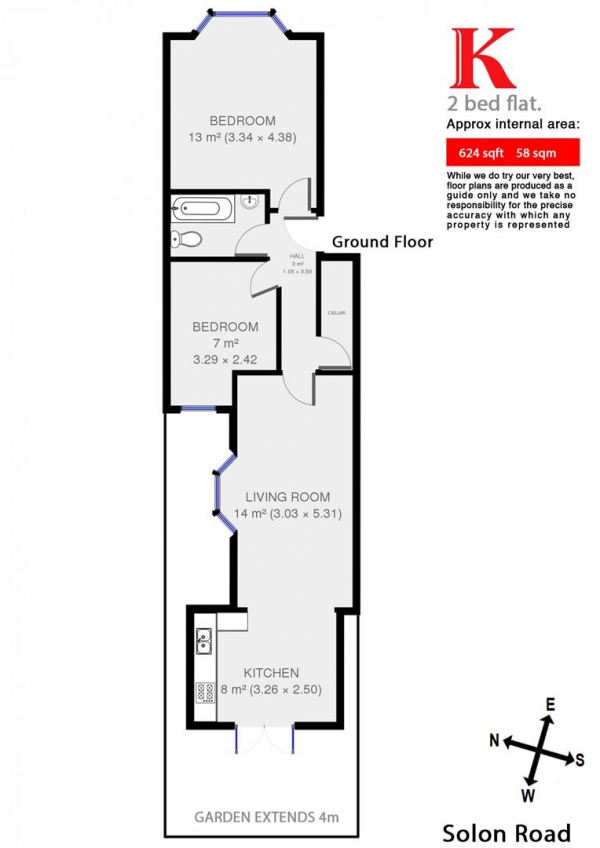 Floor Plan for 2 Bedroom Flat to Rent in Solon Road, SW2, SW2, 5UU - £470  pw | £2037 pcm