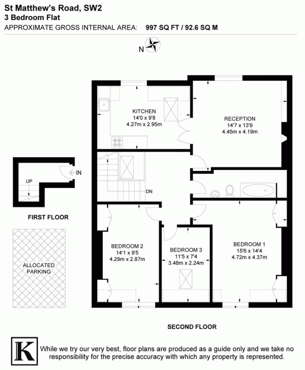 Floor Plan Image for 3 Bedroom Flat for Sale in St. Matthew's Road, SW2