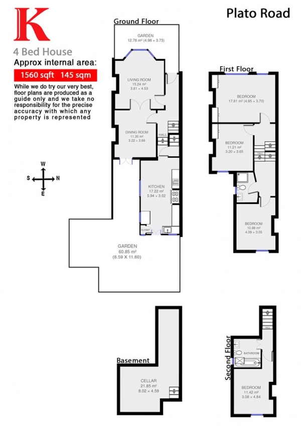Floor Plan for 4 Bedroom Property to Rent in Plato Road, London, SW2, 5UR - £923  pw | £4000 pcm