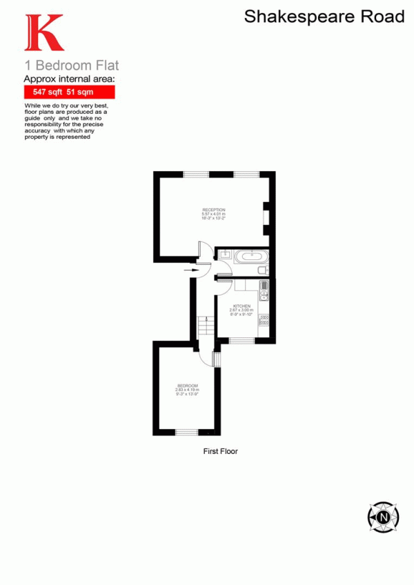 Floor Plan for 1 Bedroom Flat for Sale in Shakespeare Road, SE24, SE24, 0LA -  &pound450,000