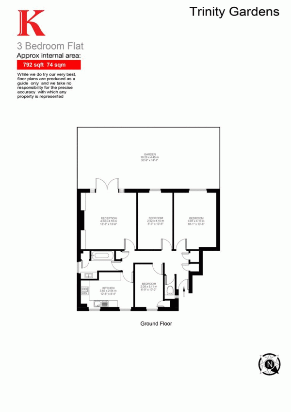 Floor Plan Image for 3 Bedroom Flat for Sale in Trinity Gardens, SW9