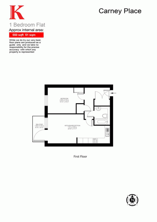 Floor Plan for 1 Bedroom Flat for Sale in Carney Place, SW9, SW9, 8GH -  &pound399,950