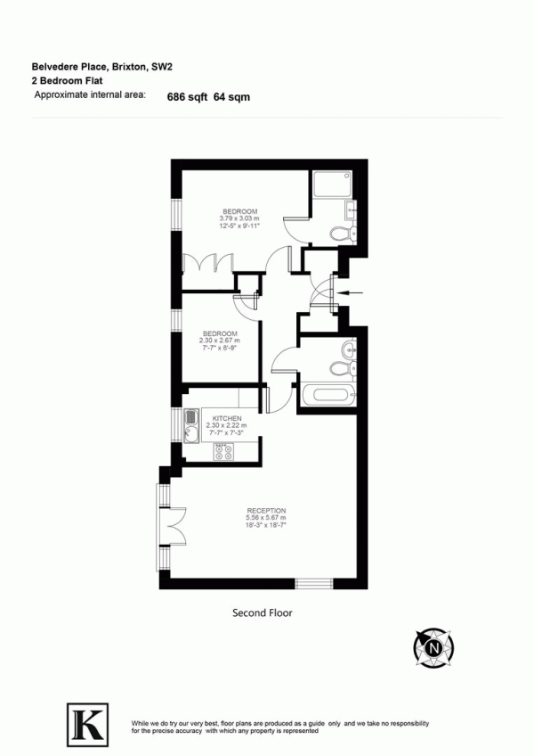 Floor Plan for 2 Bedroom Flat for Sale in Belvedere Place, SW2, SW2, 5TD -  &pound535,000