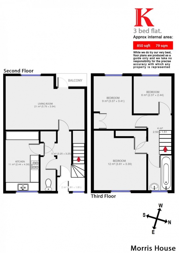 Floor Plan Image for 3 Bedroom Flat to Rent in Morris House, SW4