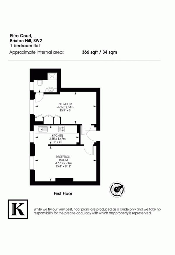 Floor Plan for 1 Bedroom Flat for Sale in Brixton Hill, SW2, SW2, 1RB -  &pound325,000