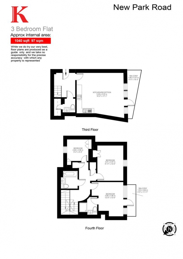 Floor Plan Image for 3 Bedroom Flat to Rent in New Park Road, SW2