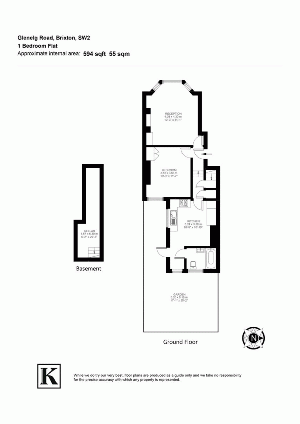 Floor Plan for 1 Bedroom Flat for Sale in Glenelg Road, SW2, SW2, 5JU -  &pound450,000