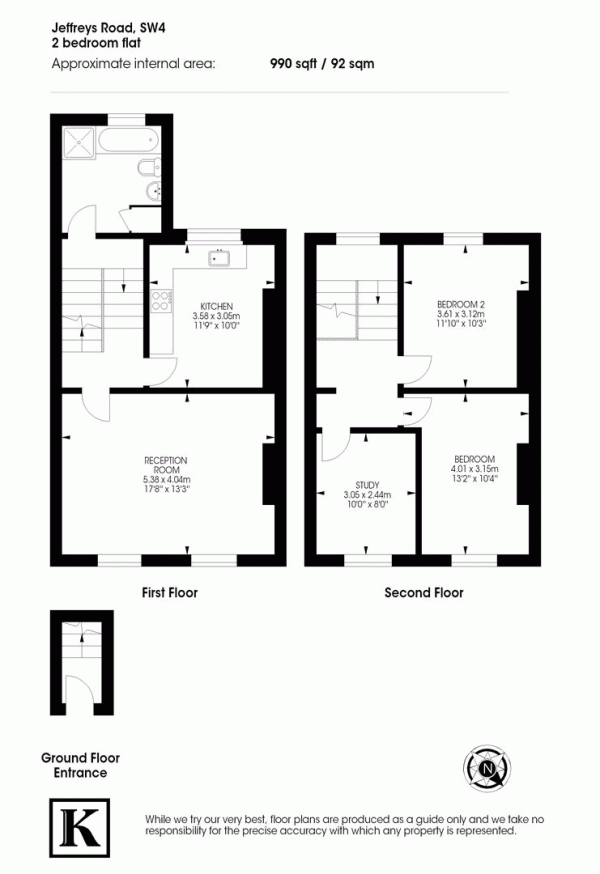 Floor Plan Image for 2 Bedroom Flat to Rent in Jeffreys Road, SW4