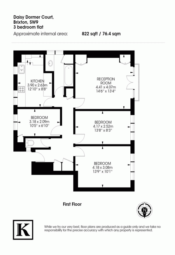 Floor Plan for 3 Bedroom Flat to Rent in Trinity Gardens, London, SW9, 8DW - £623  pw | £2700 pcm