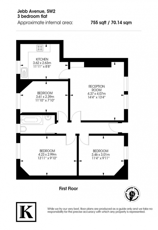 Floor Plan for 3 Bedroom Flat to Rent in Jebb Avenue, Brixton, SW2, 5XQ - £623  pw | £2700 pcm