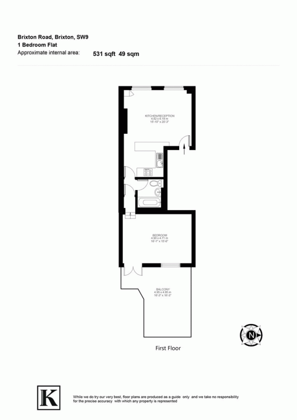 Floor Plan Image for 1 Bedroom Flat to Rent in Brixton Road, Oval