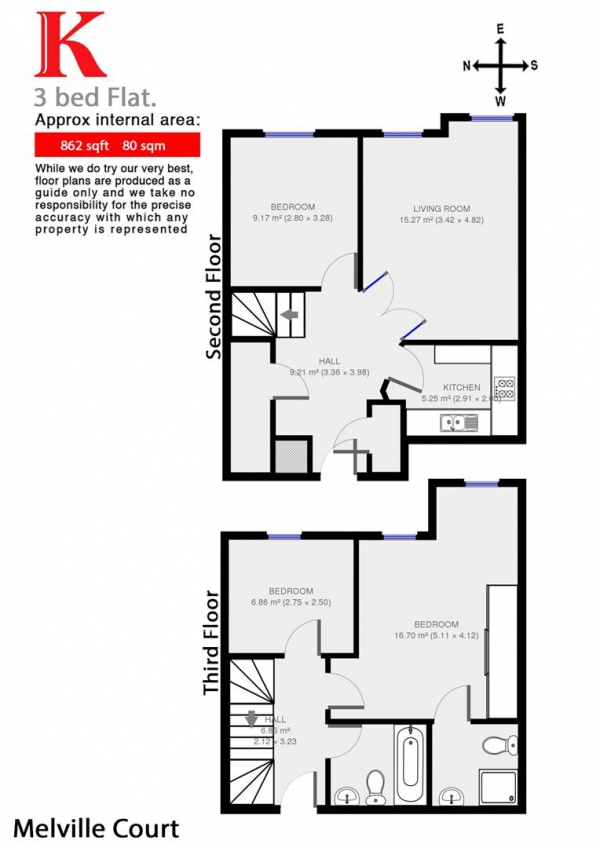 Floor Plan Image for 3 Bedroom Flat to Rent in Melville Court, SW2