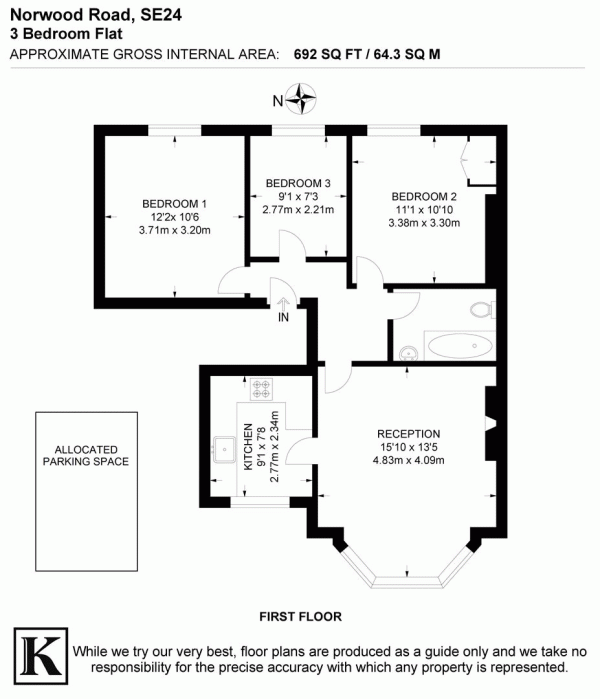 Floor Plan for 3 Bedroom Flat for Sale in Norwood Road, SE24, SE24, 9AQ -  &pound475,000