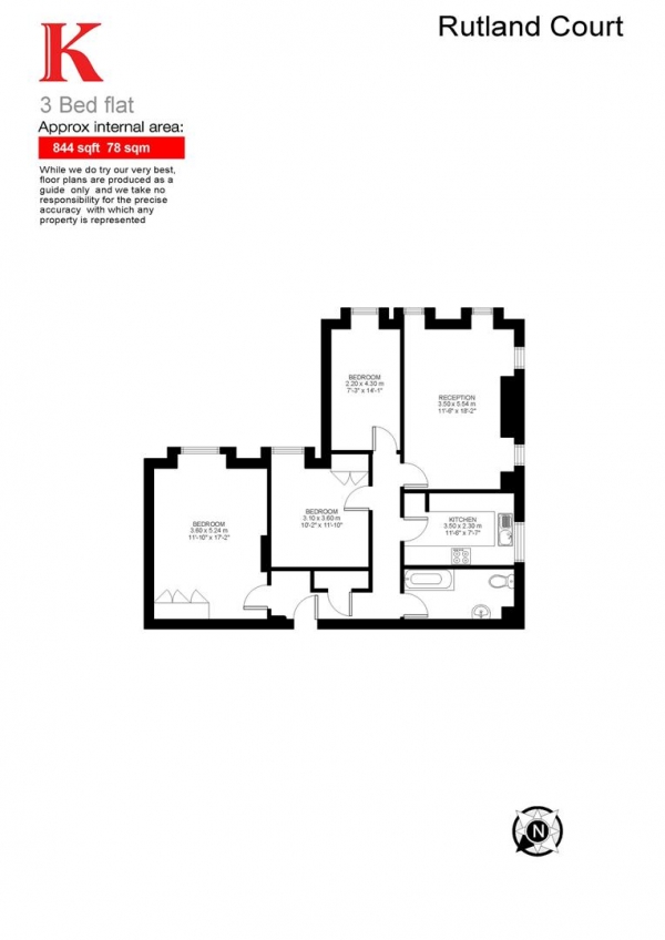 Floor Plan for 3 Bedroom Flat to Rent in Rutland Court, SE5, SE5, 8EB - £450  pw | £1950 pcm