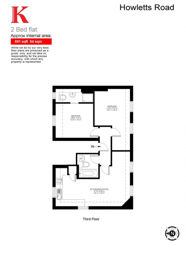 Floor Plan for 2 Bedroom Flat to Rent in Howletts Road, London, SE24, 9JZ - £440  pw | £1907 pcm