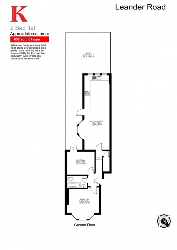 Floor Plan for 2 Bedroom Flat to Rent in Leander Road, SW2, SW2, 2LH - £475  pw | £2058 pcm