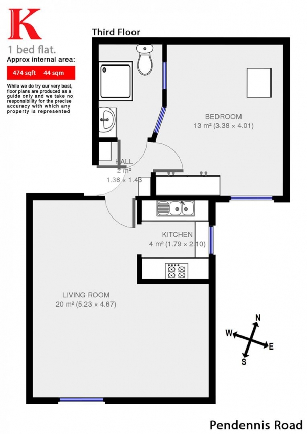 Floor Plan Image for 1 Bedroom Flat to Rent in Pendennis Road, SW16