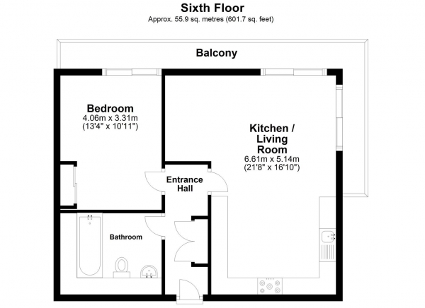 Floor Plan Image for 1 Bedroom Apartment to Rent in Armstrong House, Uxbridge